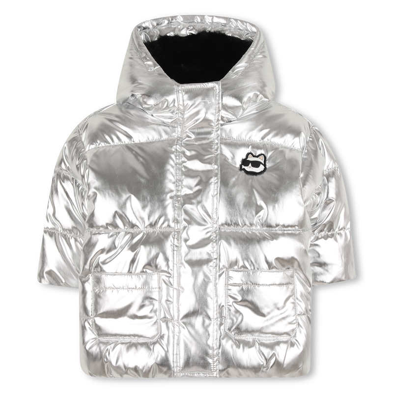 Silver hooded down jacket KARL LAGERFELD KIDS 
                        GIRL