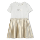 Bi-material formal dress, OFF WHITE GOLD, hi-res